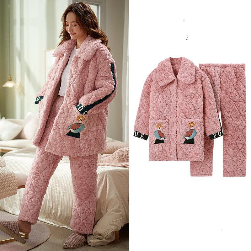 Cozy Coral Fleece Women's Pajama Set with Elegant Embroidery - Vogue Aura