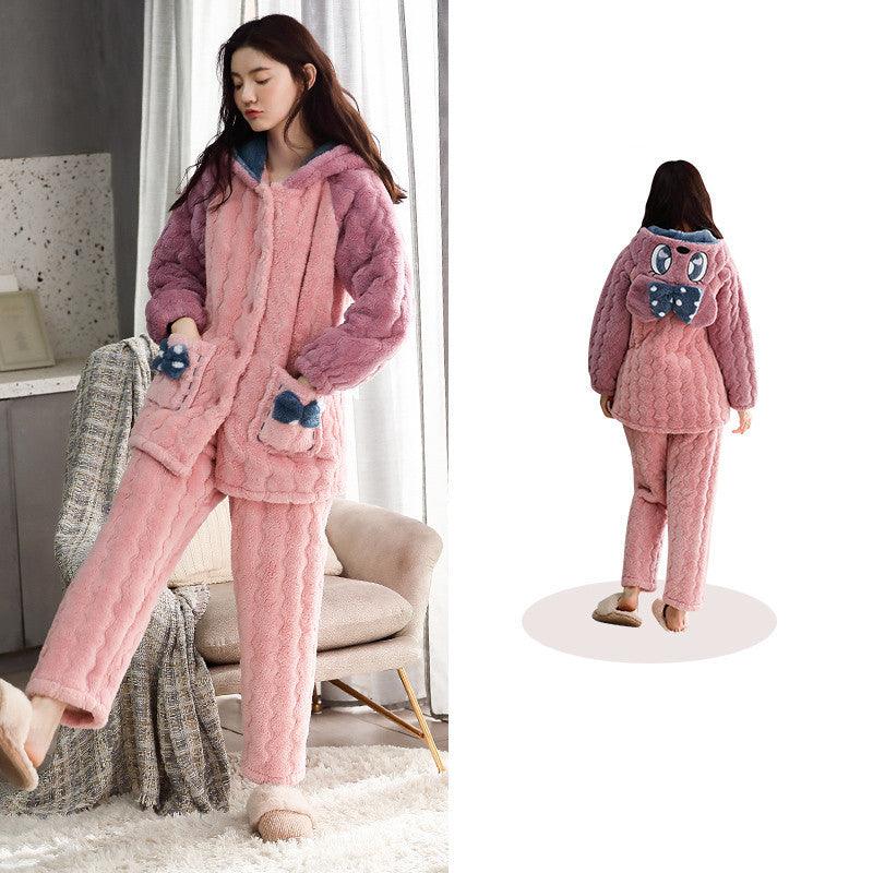 Cozy Coral Fleece Women's Pajama Set with Elegant Embroidery - Vogue Aura