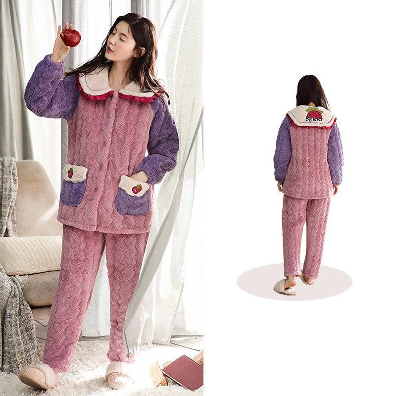 Cozy Coral Fleece Women's Pajama Set with Elegant Embroidery - Vogue Aura