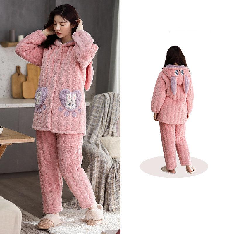 Cozy Coral Fleece Women's Pajama Set with Elegant Embroidery - Vogue Aura