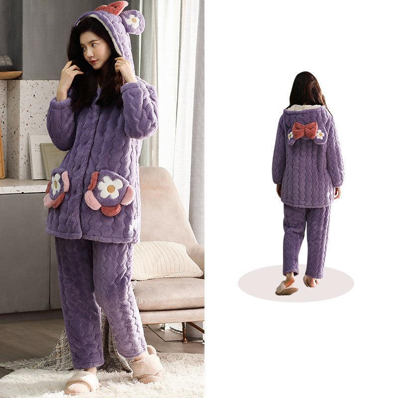 Cozy Coral Fleece Women's Pajama Set with Elegant Embroidery - Vogue Aura