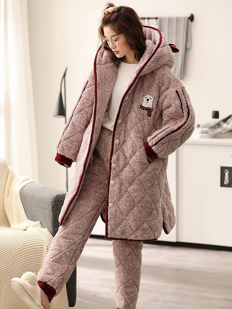 Cozy Coral Fleece Women's Pajama Set with Elegant Embroidery - Vogue Aura