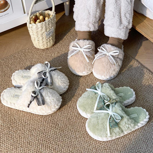 Cozy Plush Bow Slip-On Platform Slippers - Vogue Aura