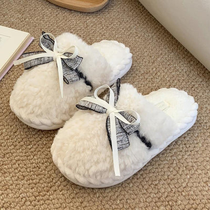 Cozy Plush Bow Platform Slippers for Women - Vogue Aura