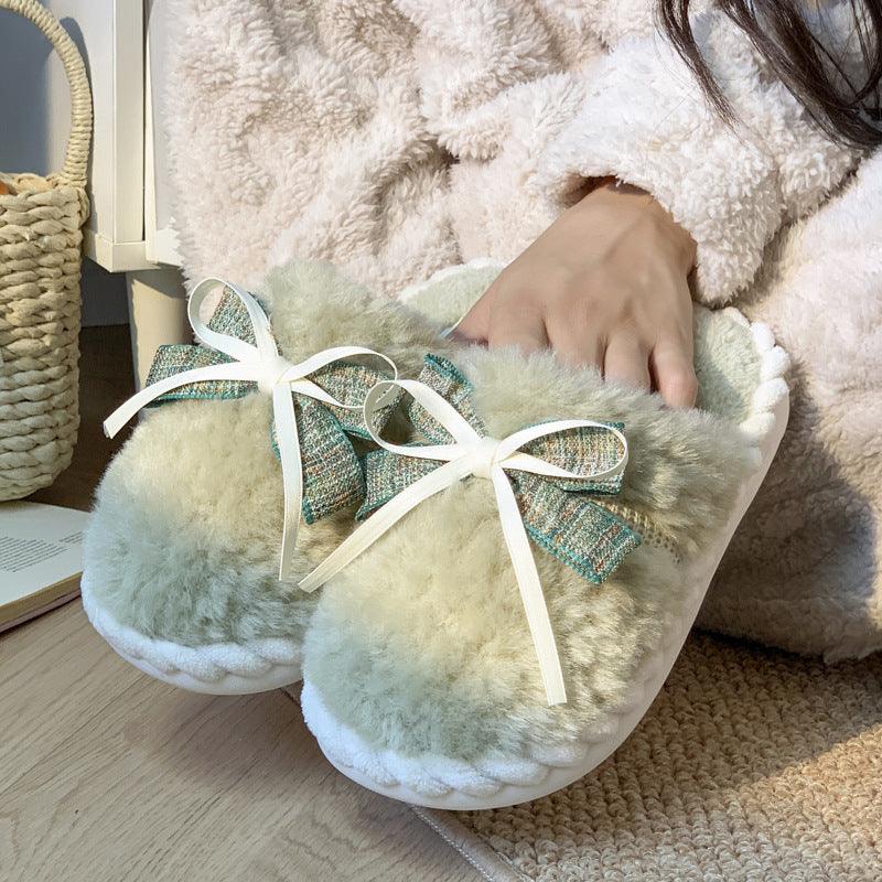 Cozy Plush Bow Platform Slippers for Women - Vogue Aura