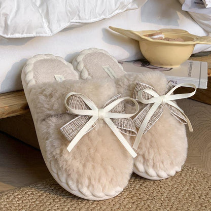 Cozy Plush Bow Platform Slippers for Women - Vogue Aura