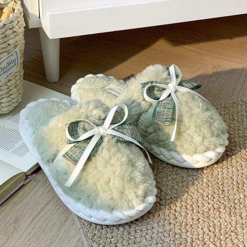 Cozy Plush Bow Platform Slippers for Women - Vogue Aura