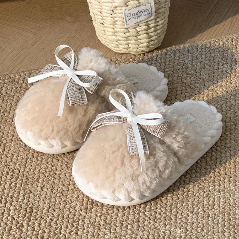 Cozy Plush Bow Platform Slippers for Women - Vogue Aura