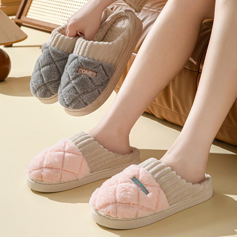 Cozy Rhombus Cotton Non-Slip Slippers for Indoor Comfort - Vogue Aura