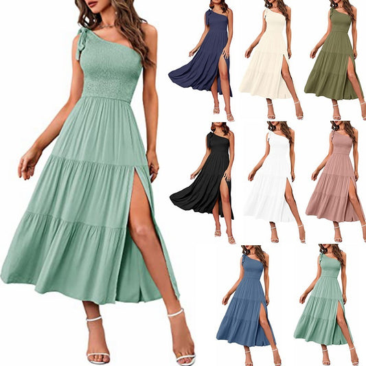 One-Shoulder Pleated Layered Hem Maxi Dress