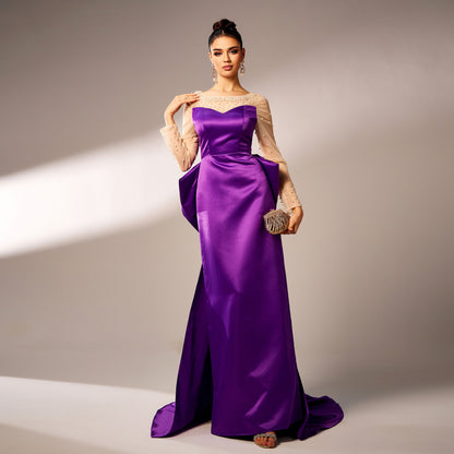 Elegant Purple Long Sleeve Sequin Evening Dress - Vogue Aura