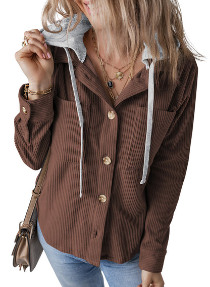 Chic Lapel Buckle Hooded Striped Coat with Pockets - Vogue Aura