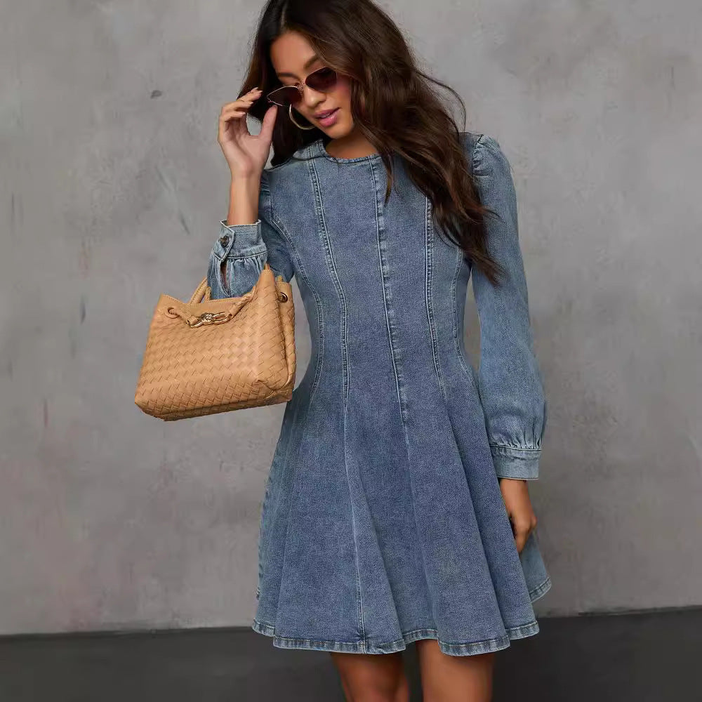 Chic Mid-Length Denim Dress in Black and Blue - Vogue Aura