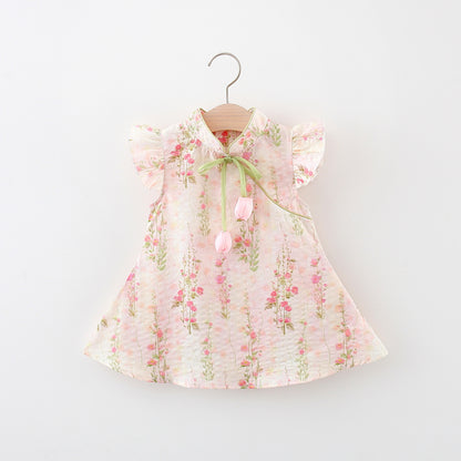 Girls' Flying Sleeves Flower Costume Small Skirt - Vogue Aura