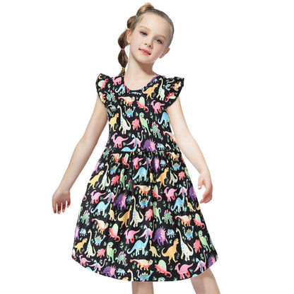 Girls' Cotton Flounced Sleeve Colorful Dinosaur Dress - Vogue Aura