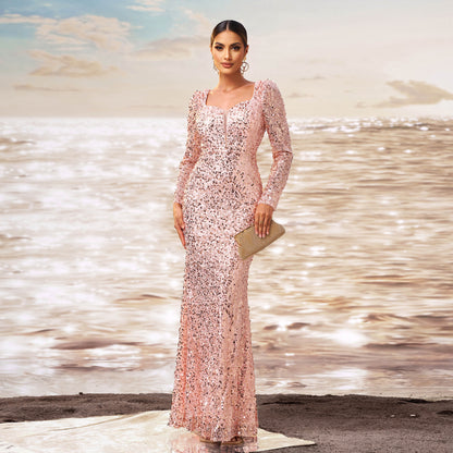 Rose Gold Long Sleeve Square-neck Elegant Evening Dress