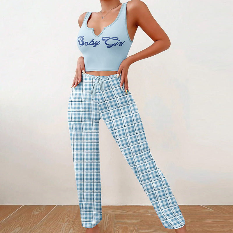 Cute Women Clothing Homewear Vest Color Matching Plaid Trousers Letter Print Top Women Suit Pajamas For Women - Vogue Aura