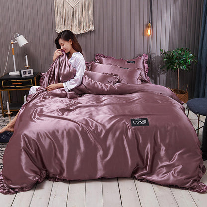 Pure Color Washed Silk Bed Sheet Ice Silk Four-piece Set - Vogue Aura