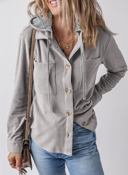 Chic Lapel Buckle Hooded Striped Coat with Pockets - Vogue Aura