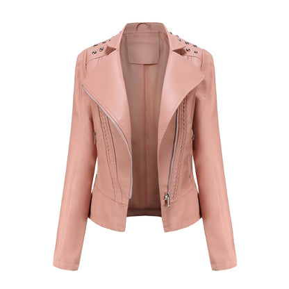 Beaded Leather Women's Long-sleeved Fashion Jacket Lapel Motorcycle Clothing Thin Women's Jacket - Vogue Aura