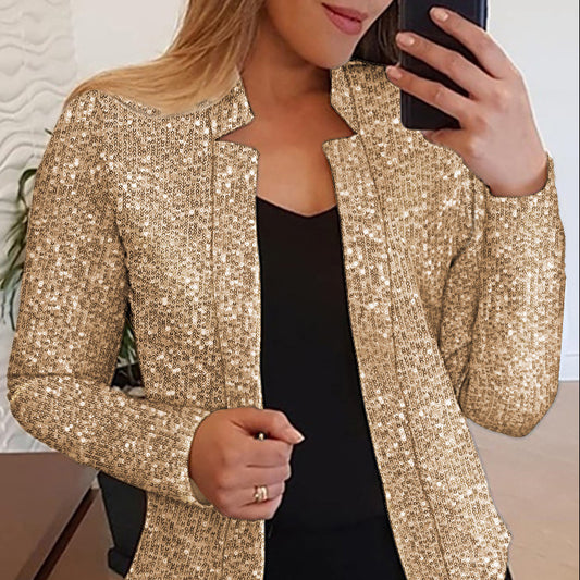 Chic Gold Colour-blocking Sequin Short Coat - Vogue Aura