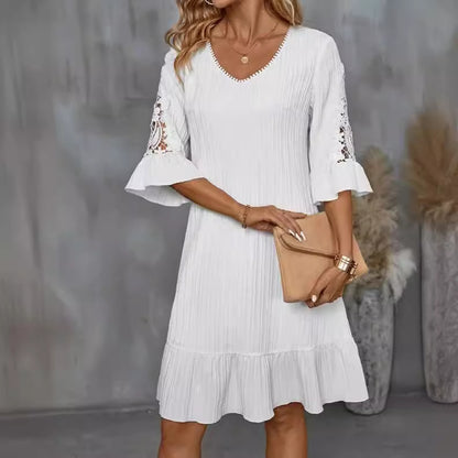 Elegant Lace-Trimmed White Midi Dress with Flared Sleeves - Vogue Aura