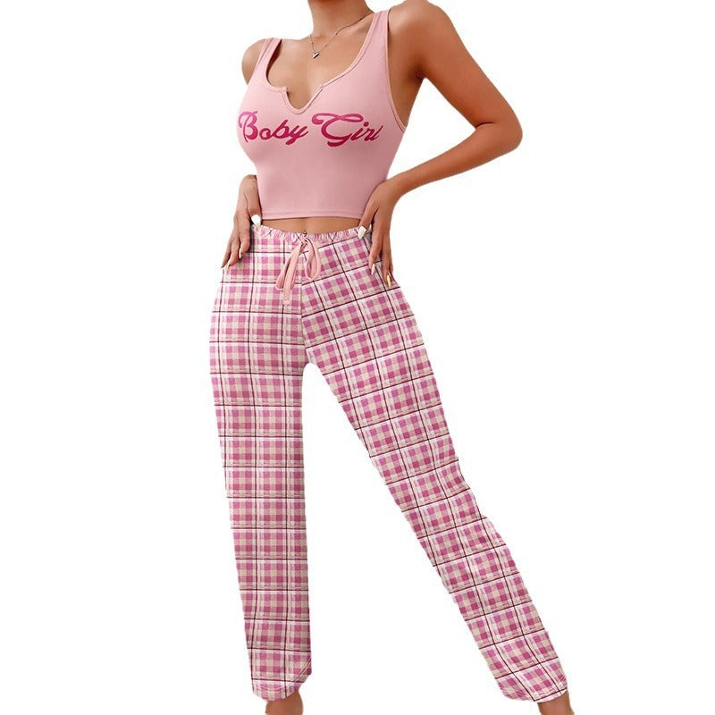 Cute Women Clothing Homewear Vest Color Matching Plaid Trousers Letter Print Top Women Suit Pajamas For Women - Vogue Aura