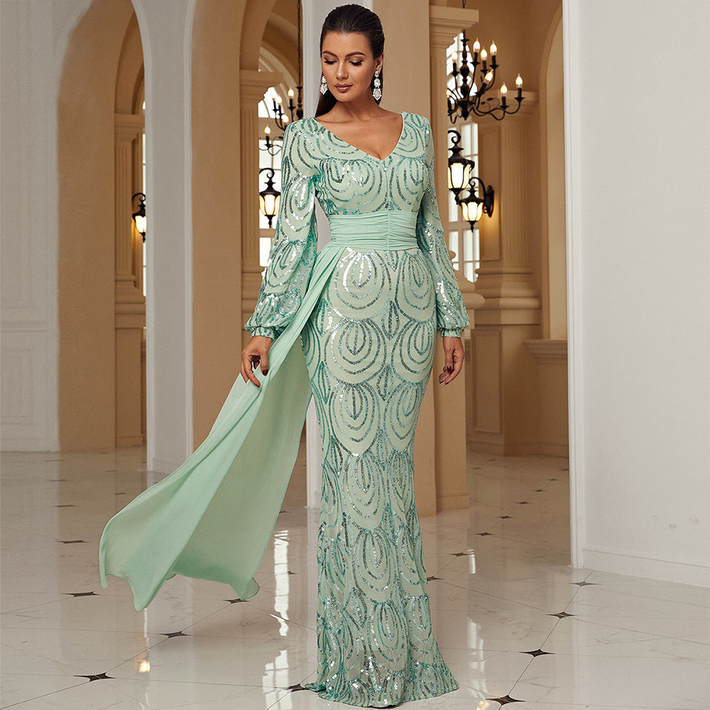 Elegantly Sequined Long Sleeve Evening Dress - Vogue Aura