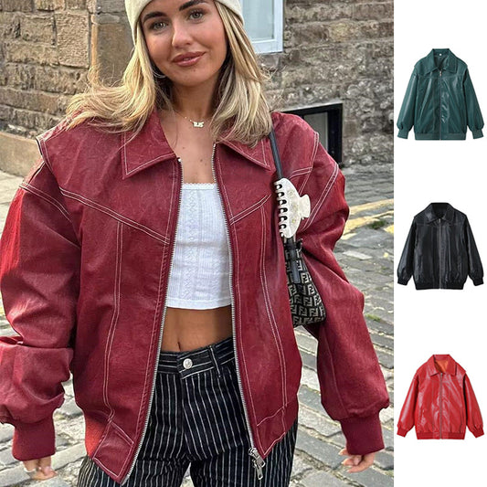 Chic Loose Fashion Lapel Zip-up Leather Jacket for Women - Vogue Aura