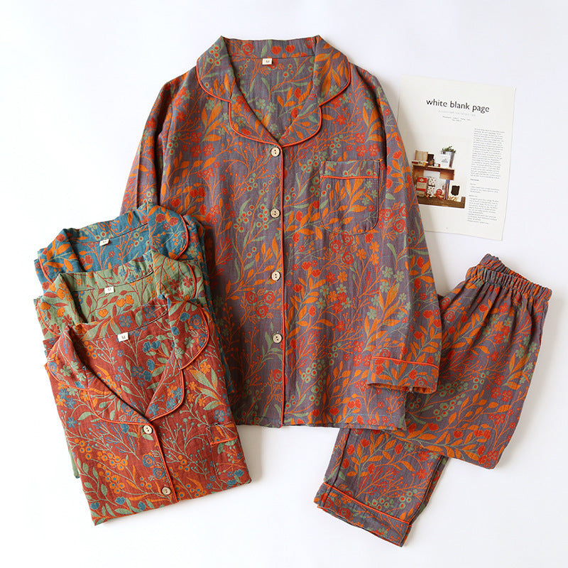 Cotton Yarn-dyed Jacquard Vintage Leaf Pajamas Suit Women - Vogue Aura