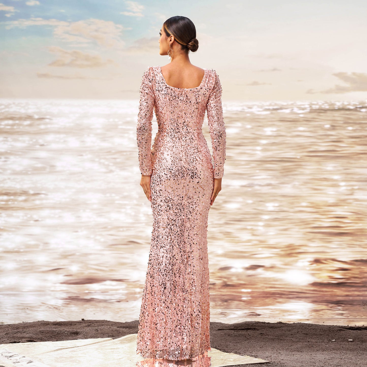 Rose Gold Long Sleeve Square-neck Elegant Evening Dress