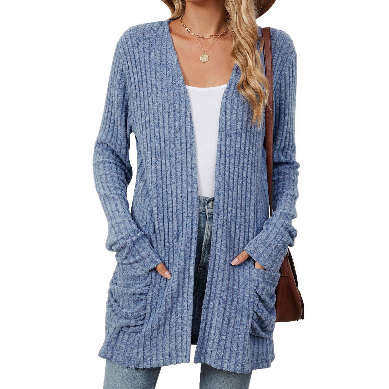 Essential Long Sleeve Pocket Cardigan in Solid Colours - Vogue Aura