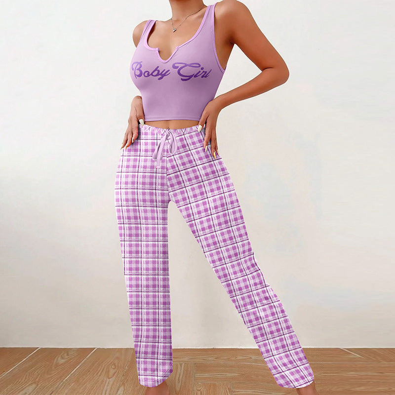 Cute Women Clothing Homewear Vest Color Matching Plaid Trousers Letter Print Top Women Suit Pajamas For Women - Vogue Aura