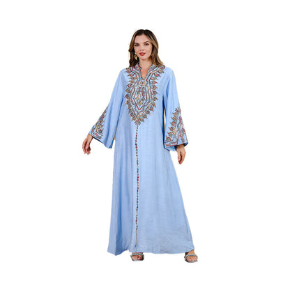 Elegant Sky Blue Long Dress with Rope Embroidery - Vogue Aura