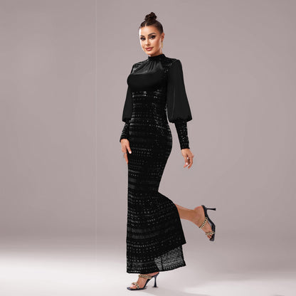 Elegant Long Sleeve Black Evening Dress - Vogue Aura