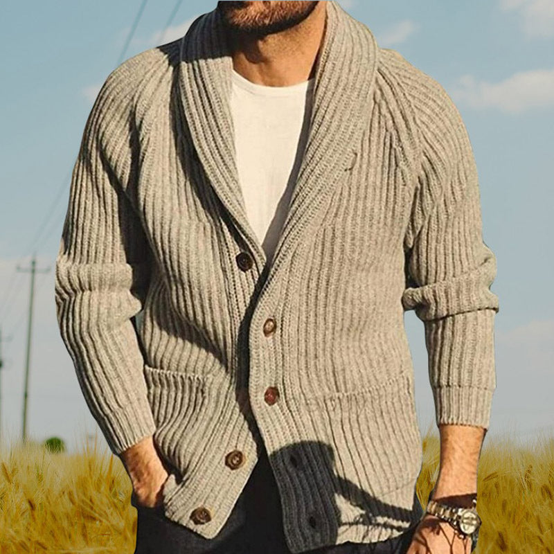 Men's Khaki Lapel Knitting Cardigan with Pockets - Vogue Aura