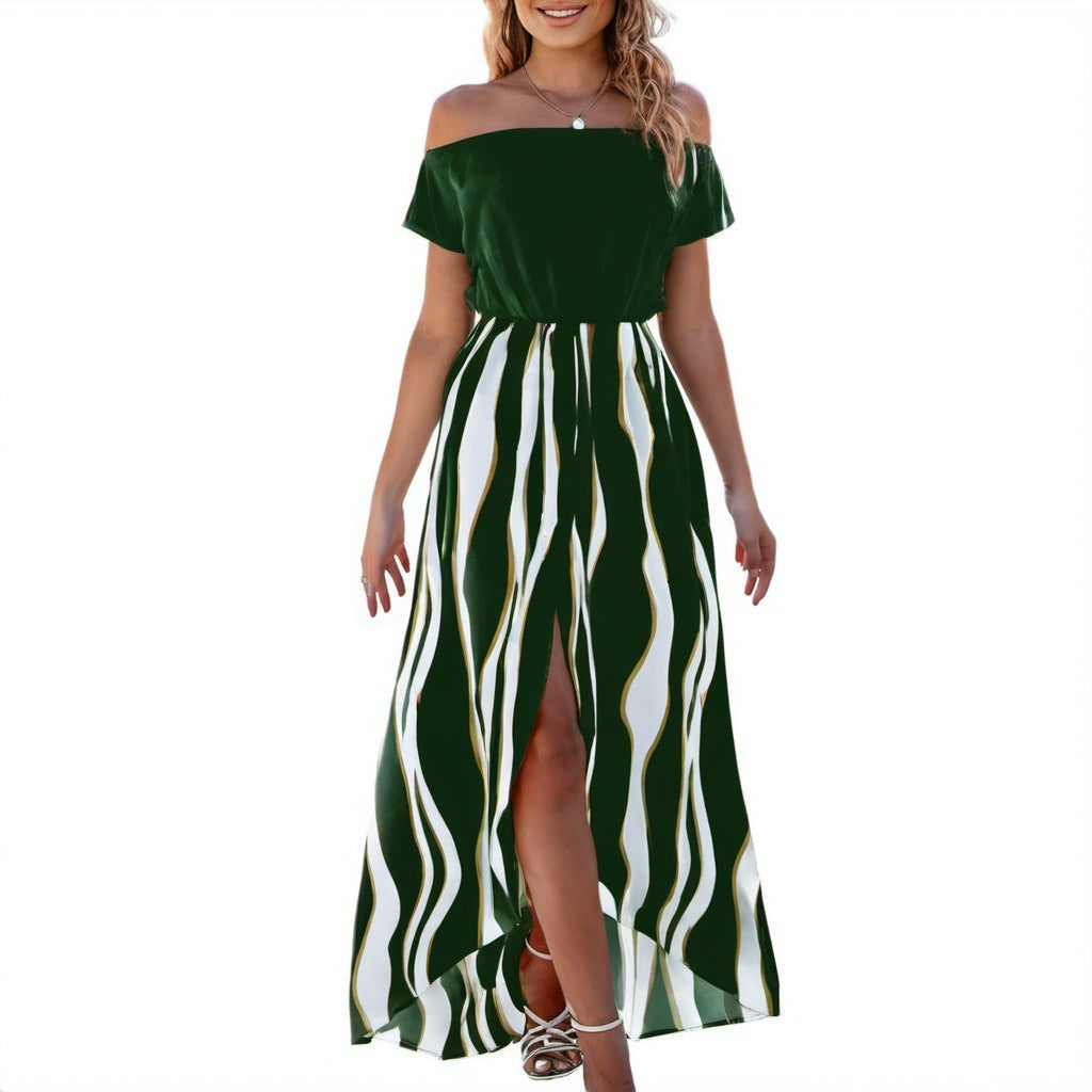 Elegant Off-the-Shoulder Striped Dress - Vogue Aura