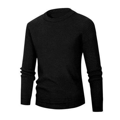 Men's Solid Color Waffle Autumn Long Sleeve Round Neck Base Sweater - Vogue Aura