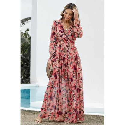 Floral Long Sleeve A-Line Dress - Vogue Aura