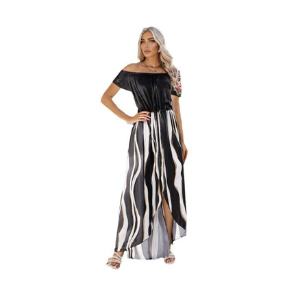 Elegant Off-the-Shoulder Striped Dress - Vogue Aura