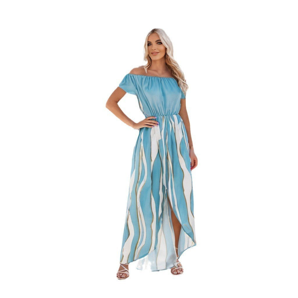 Elegant Off-the-Shoulder Striped Dress - Vogue Aura