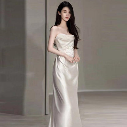 Chic French Satin Wedding Dress in Timeless White - Vogue Aura