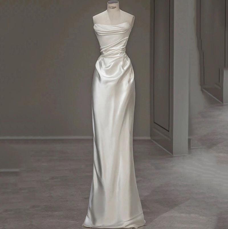 Chic French Satin Wedding Dress in Timeless White - Vogue Aura