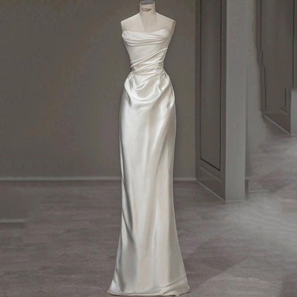 Elegant Classic White Satin Wedding Gown for Timeless Romance - Vogue Aura