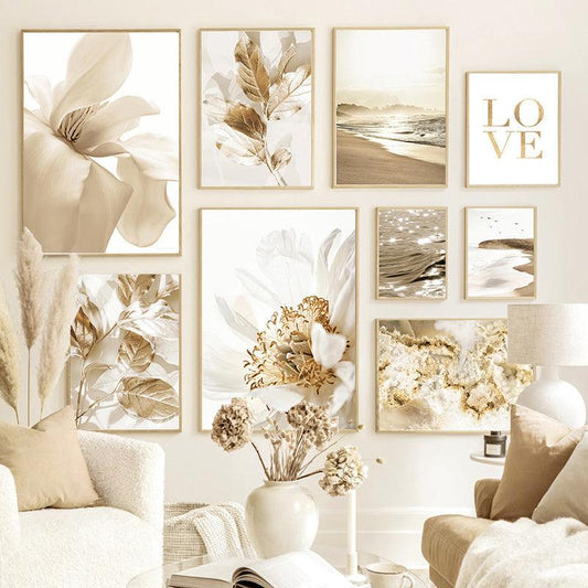 Elegant Coastal Gold Foil Canvas Artwork - Vogue Aura