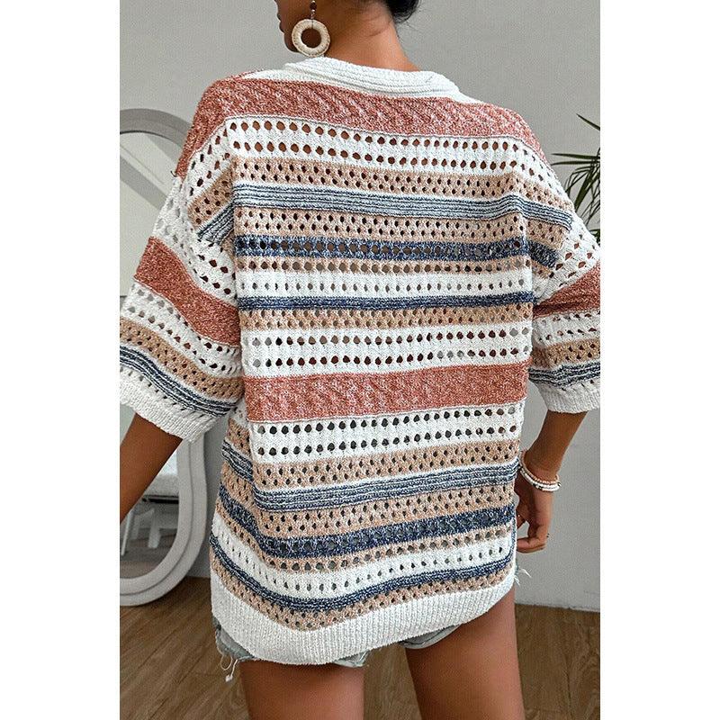 Elegant Color-Blocked V-Neck Knit Sweater for Women - Vogue Aura