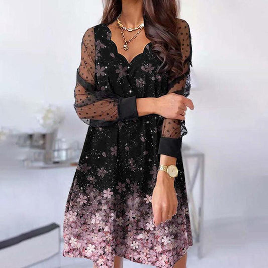 Chic Floral Ombre V-Neck A-Line Dress - Vogue Aura