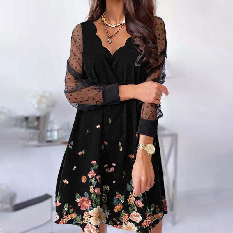 Elegant Floral Ombre V-Neck A-Line Dress with Timeless Long Sleeves - Vogue Aura