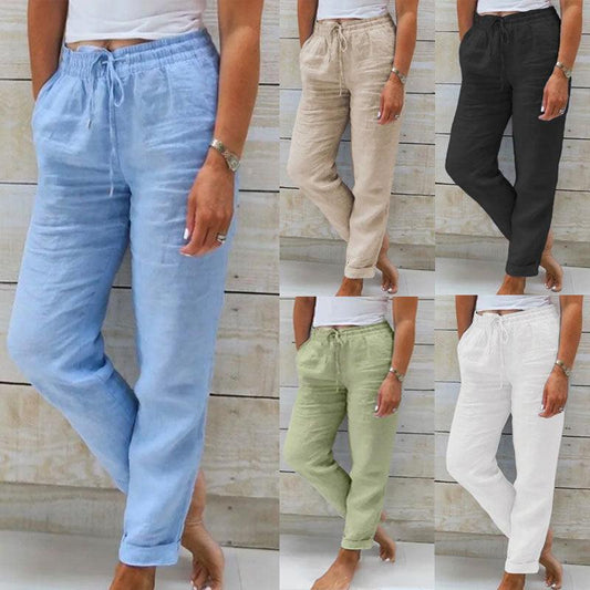 Elegant High-Waisted Cotton-Linen Women's Casual Pants - Vogue Aura