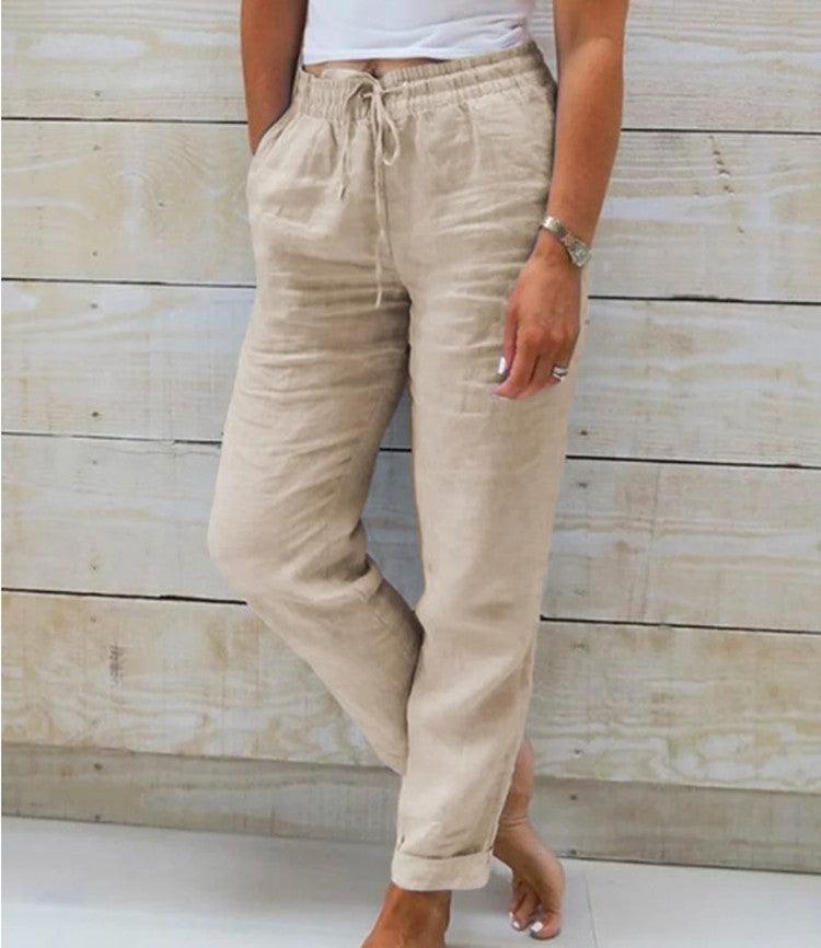 Elegant High-Waisted Cotton-Linen Trousers for Women - Vogue Aura